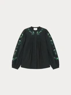 BONPOINT Blouse En Coton Brodée Fleurs Vert Et Gris